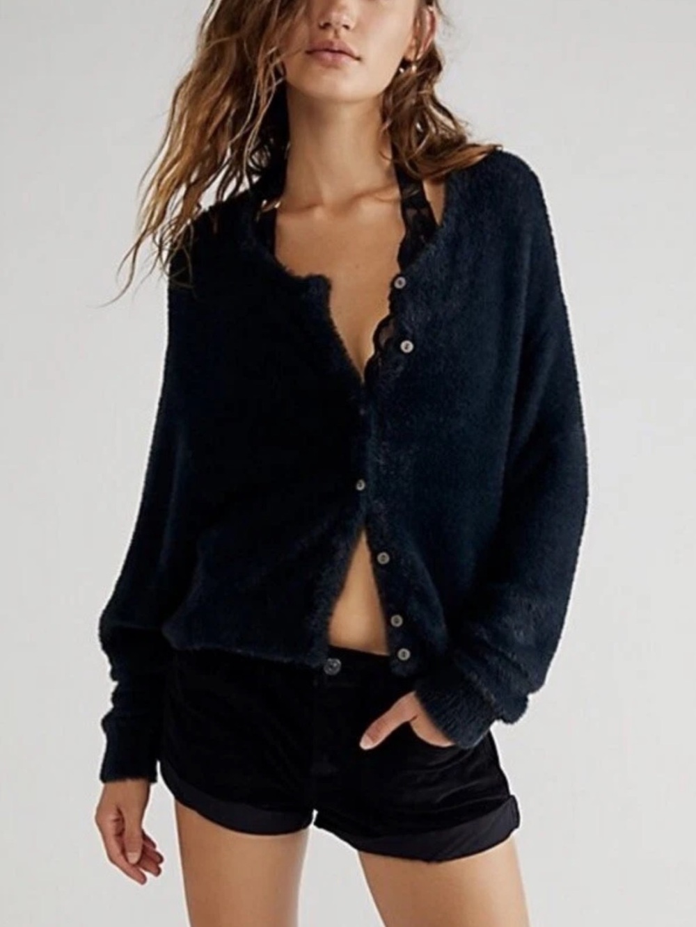 Free People Black Fuzzy Button-Up Cardigan